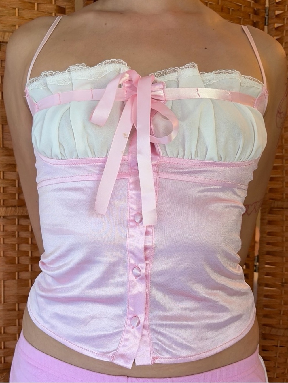Pink Satin & Lace Spaghetti Strap Bustier Top - Women Intimates